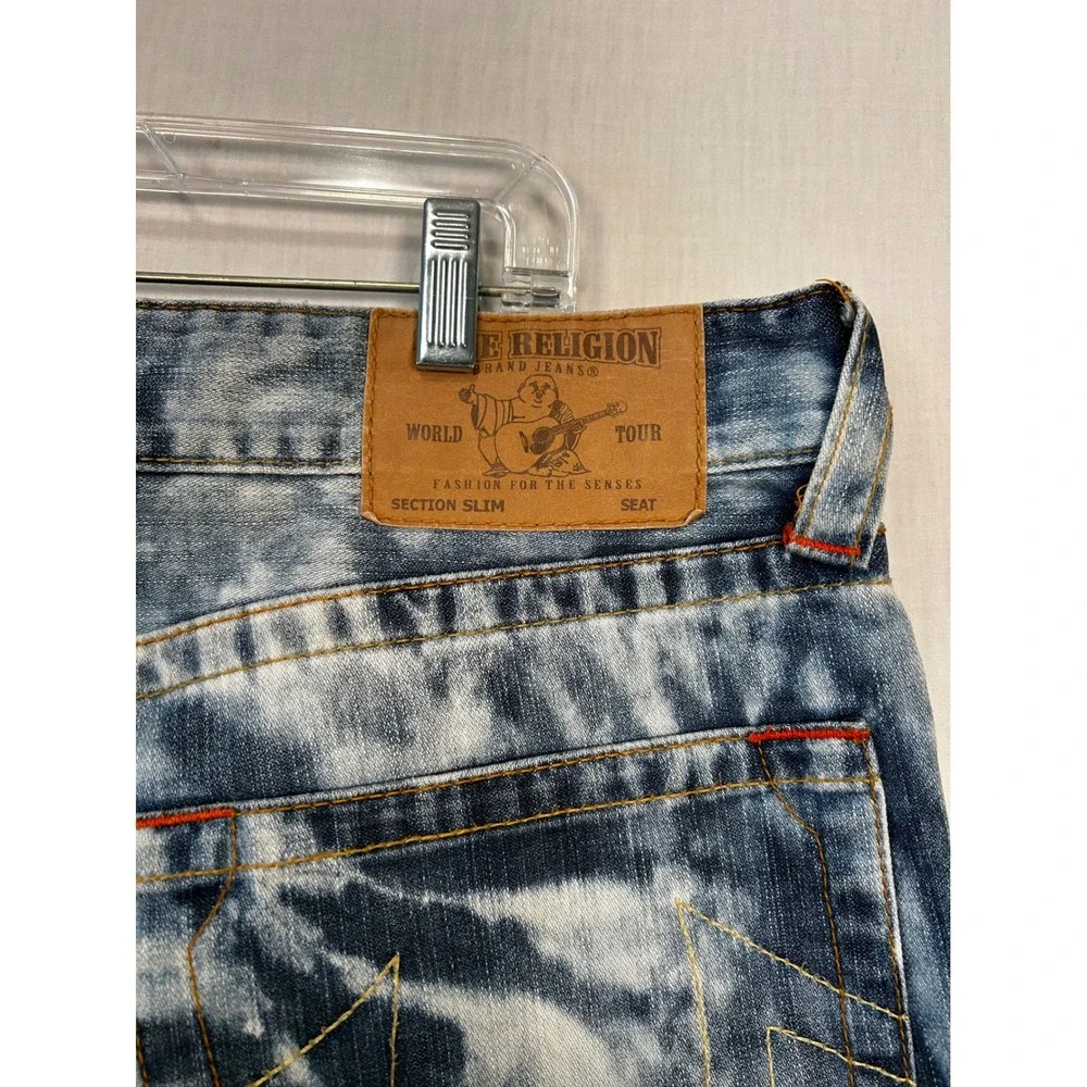 True Religion Mens Section Slim Acid Wash Blue White Denim Jeans Size 34 x 33